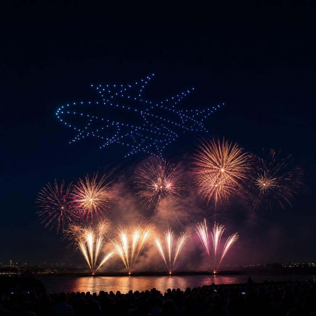 comment synchroniser drones feu d artifice et musique dans un spectacle hybride 2 - Comment synchroniser drones, feu d’artifice et musique dans un spectacle hybride ? - Pyrotechnie.com – Feux d’artifice et culture pyrotechnique Comment synchroniser drones, feu d’artifice et musique dans un spectacle hybride ?