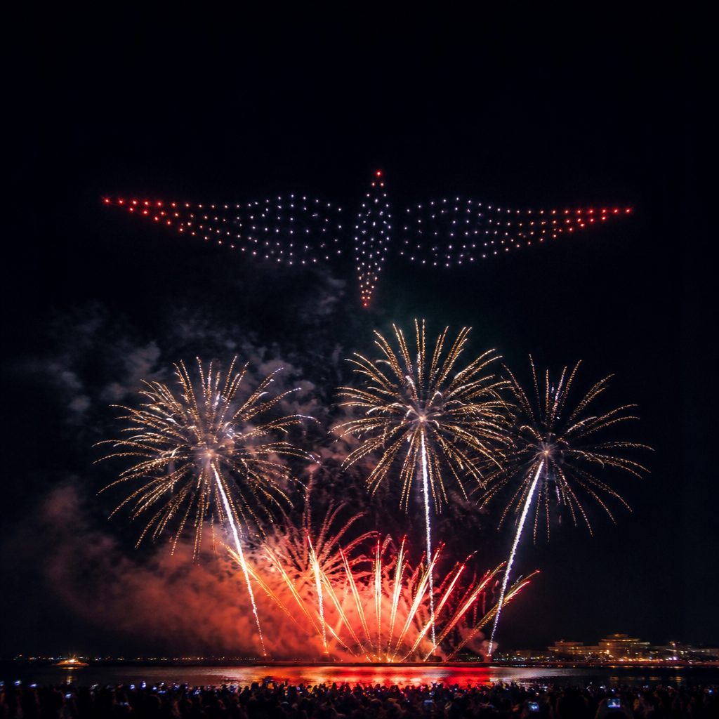spectacle hybride drones et pyrotechnie comment construire un r cit visuel coh rent 2 - Spectacle hybride drones et pyrotechnie : comment construire un récit visuel cohérent ? - Pyrotechnie.com – Feux d’artifice et culture pyrotechnique Spectacle hybride drones et pyrotechnie : comment construire un récit visuel cohérent ?