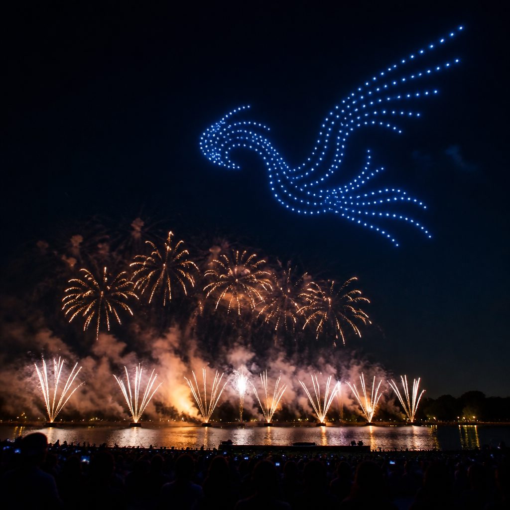 spectacle hybride drones et pyrotechnie comment construire un r cit visuel coh rent 3 - Spectacle hybride drones et pyrotechnie : comment construire un récit visuel cohérent ? - Pyrotechnie.com – Feux d’artifice et culture pyrotechnique Spectacle hybride drones et pyrotechnie : comment construire un récit visuel cohérent ?